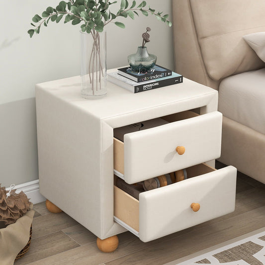 Sesslife Storage Nightstand with Drawers, Upholstered Night Stand for Bedroom, Modern Bedside Table with Natural Wood Knobs and Legs, Pine Wood Frame, Beige