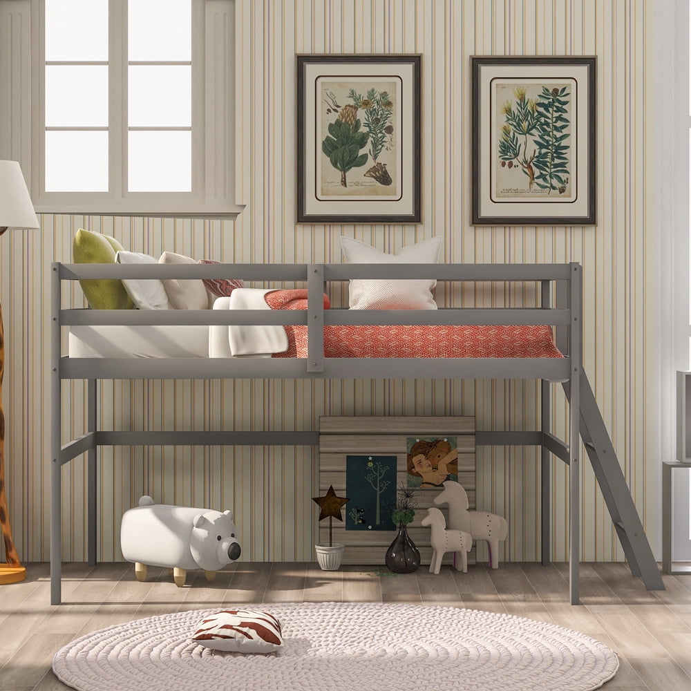 SESSLIFE Wood Loft Bed for Boys Girls, Twin Low Loft Bed with Ladder and Full-length Guard Rails, Twin Size Bed Frame with Wood Slats Support, No Box Spring Needed, Gray Kids Bedroom Furniture