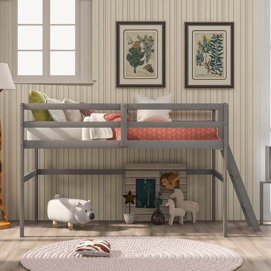 SESSLIFE Twin Loft Bed for Kids, Wood Low Loft Bed Frame with Ladder and Safety Guard Rails, Modern Bedroom Furniture Boys Girls Loft Bed Space Saving Design, Gray