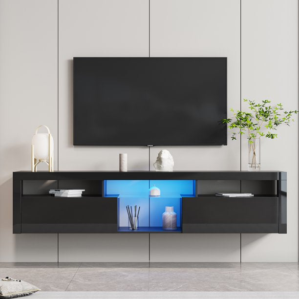Sesslife Floating TV Stand Wall Mounted, LED Entertainment Center with Storage Cabinets, TV Stand for 80 Inch TV, Gaming Entertainment Center Console Table with Lights, Black