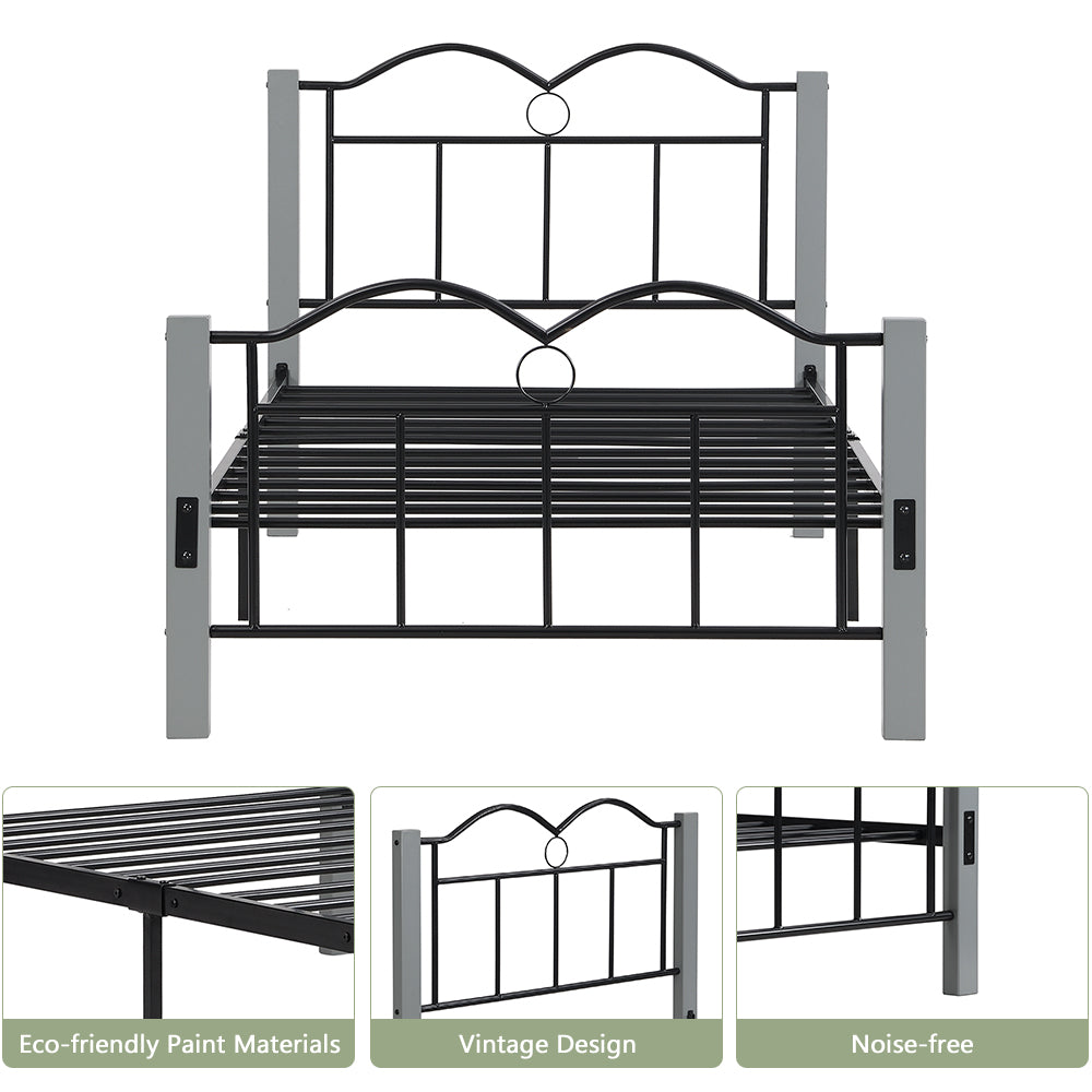 Twin Bed Frame, Metal Twin Size Platform Bed with Gray Wooden Feet, Underbed Storage Space, Bedroom Furniture