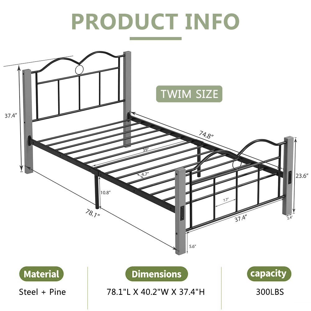 Twin Bed Frame, Metal Twin Size Platform Bed with Gray Wooden Feet, Underbed Storage Space, Bedroom Furniture