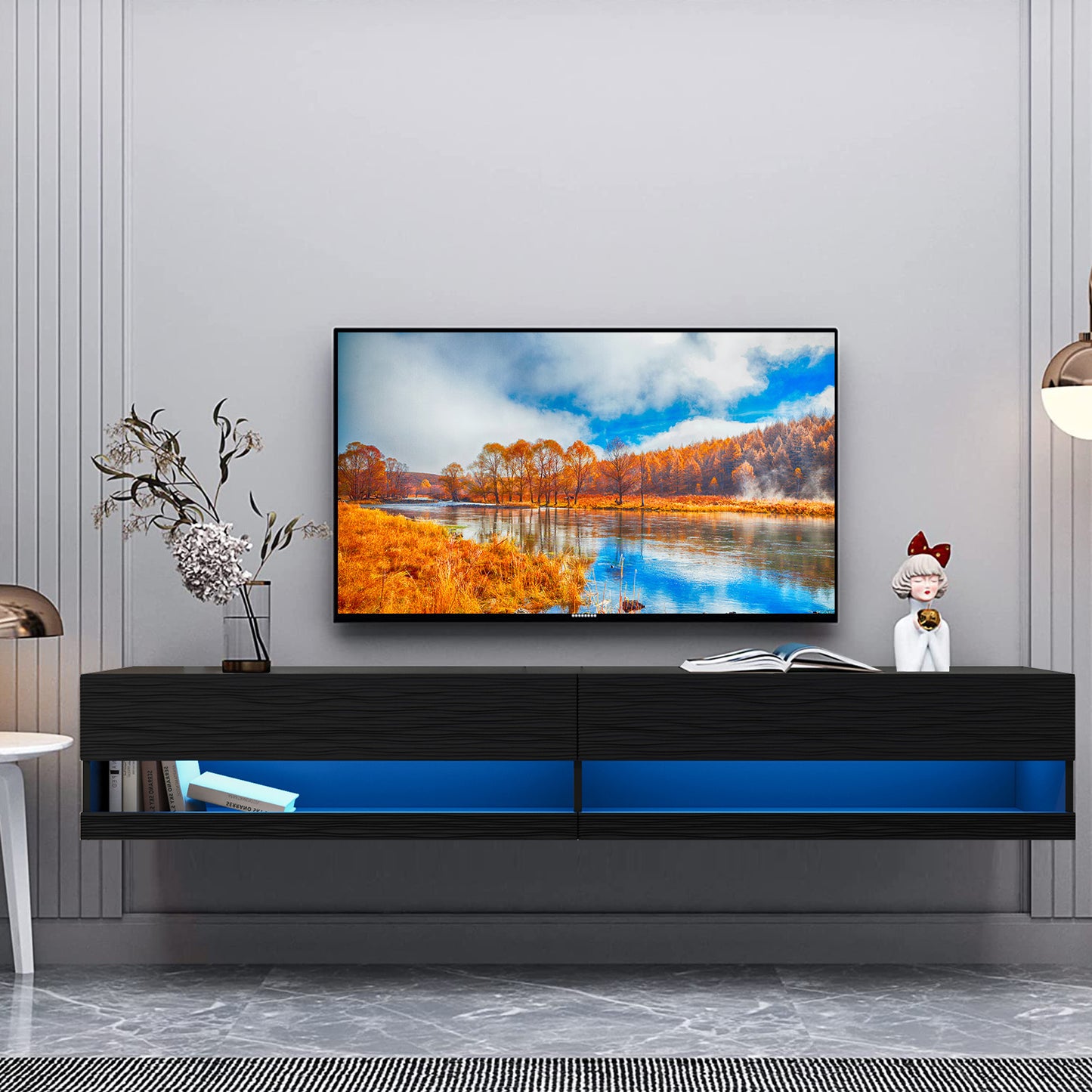 Sesslife Floating TV Stand Wall Mounted, LED Entertainment Center with Storage Cabinets, TV Stand for 80 Inch TV, Gaming Entertainment Center Console Table with Lights, Black