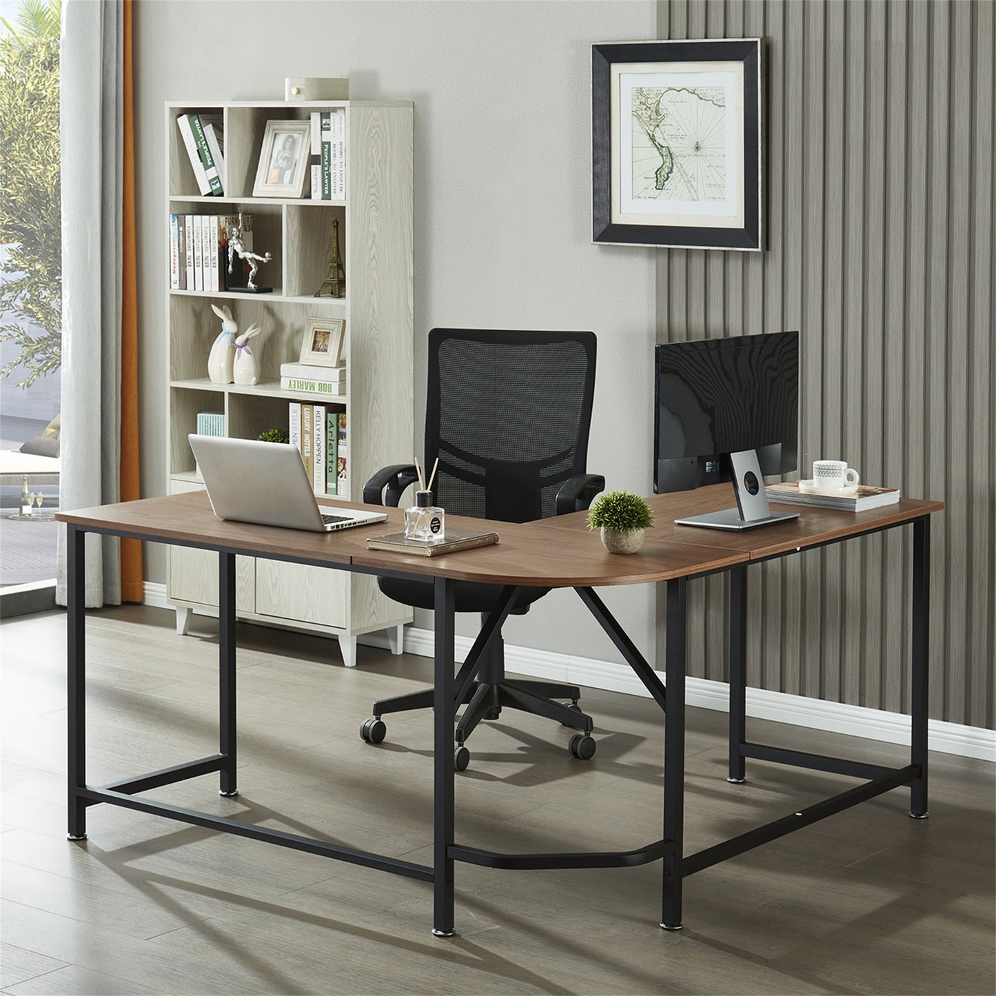 Large Computer L-Shaped Desk, White Writing L-Shaped Desk，Modern Study L-Shaped Desk with Metal Frame，Large 2 Person Table for Home Office Workstation