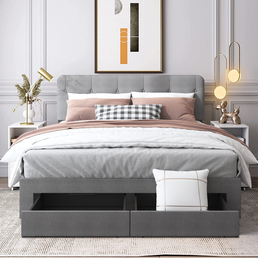 SESSLIFE Queen-Size Upholstered Platform Bed with Adjustable Button Tufted Headboard, Gray Storage Bed Frame, No Box Spring Needed