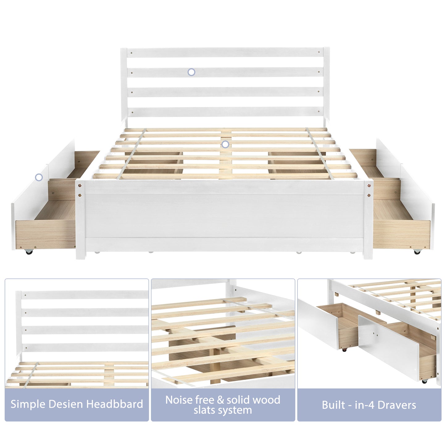 Full Size Platform Bed with 4 Storage Drawers, Wooden Bed Frame with Headboard and Center Support Feet(White)