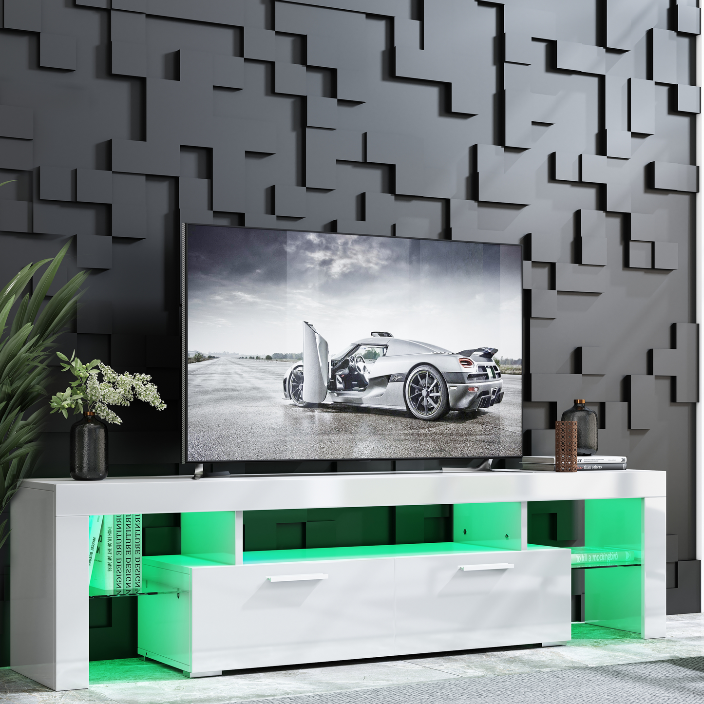 Sesslife Black TV Stand for 70 Inch TV, Modern TV Cabinet with 16 Color LED Light