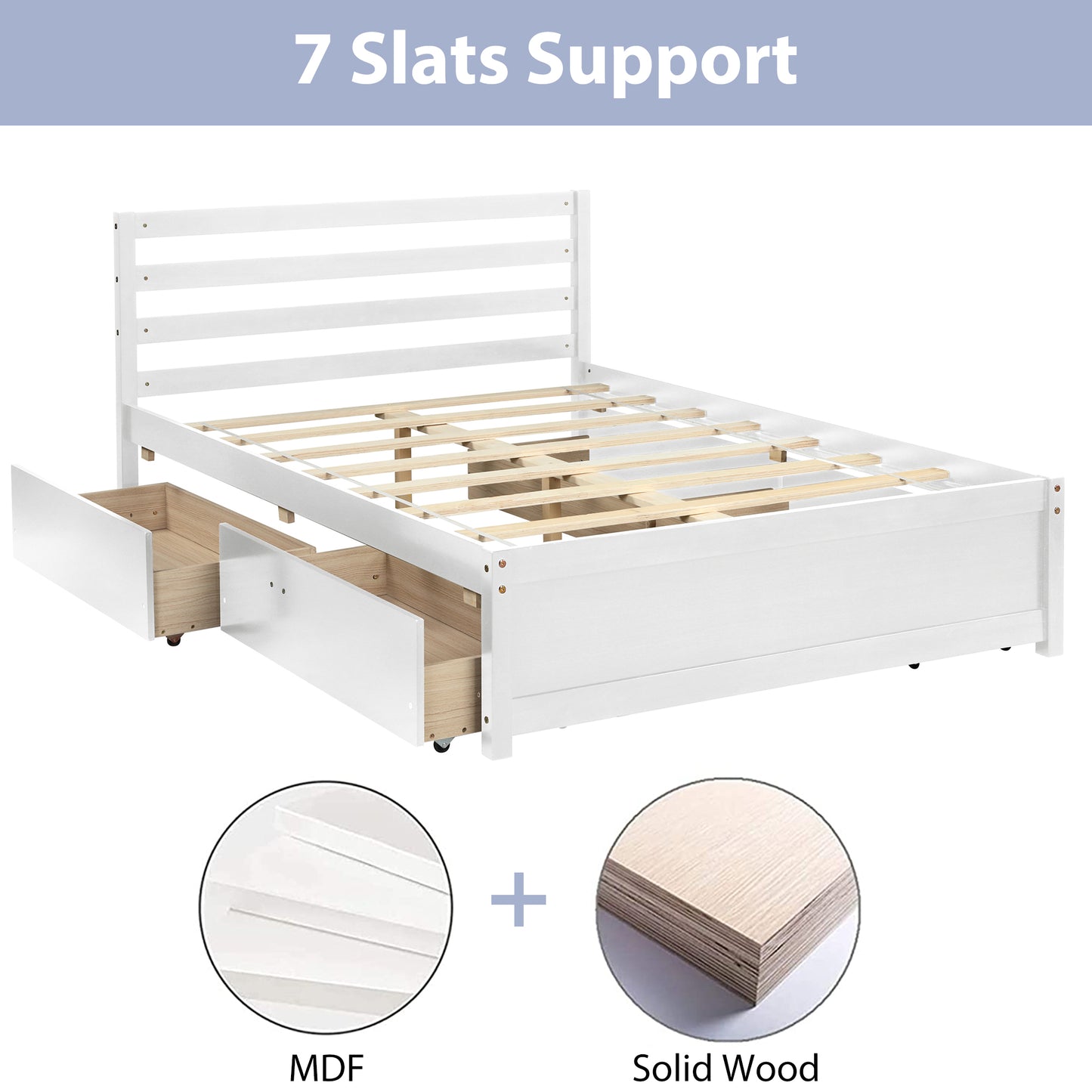 Full Size Platform Bed with 4 Storage Drawers, Wooden Bed Frame with Headboard and Center Support Feet(White)