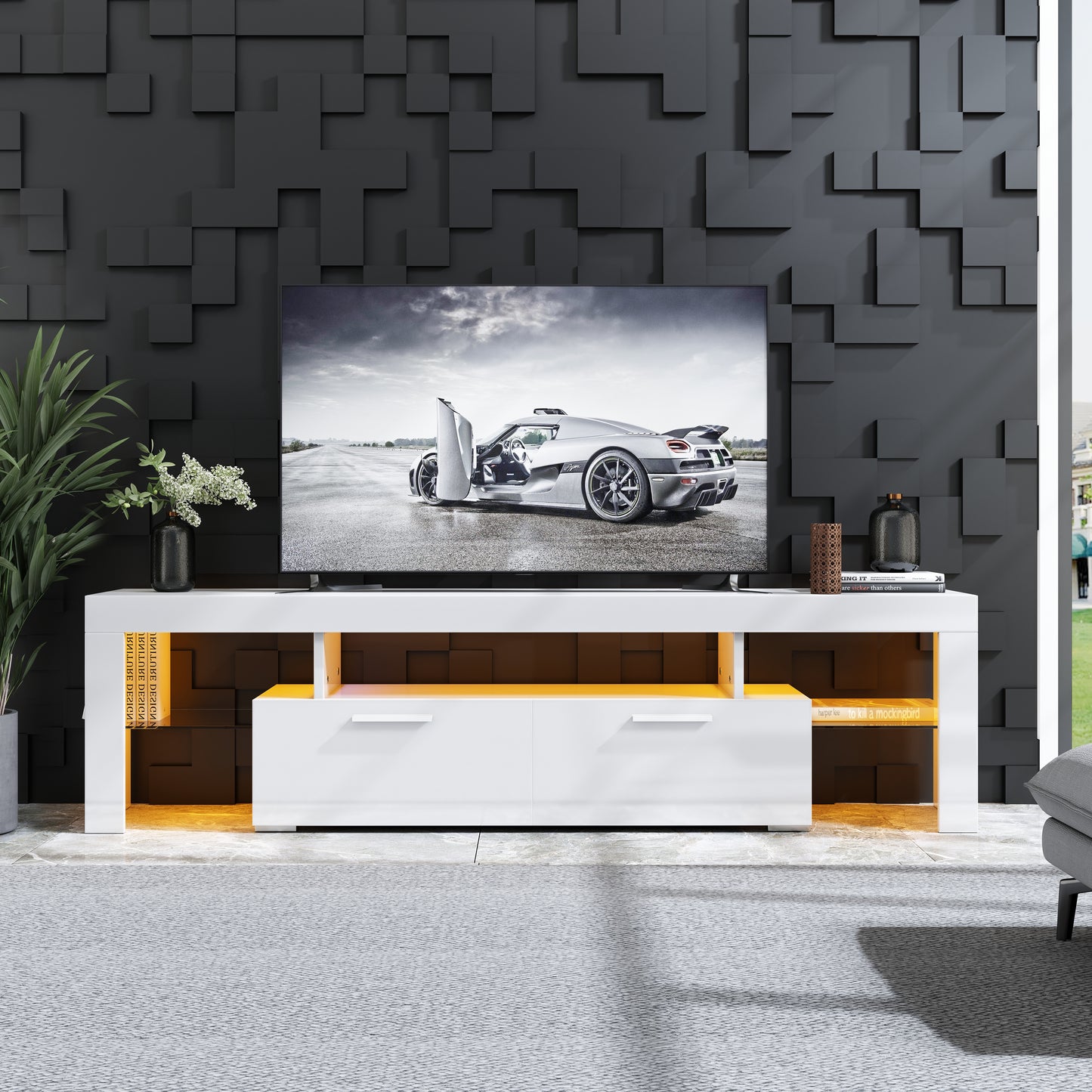 Sesslife Black TV Stand for 70 Inch TV, Modern TV Cabinet with 16 Color LED Light