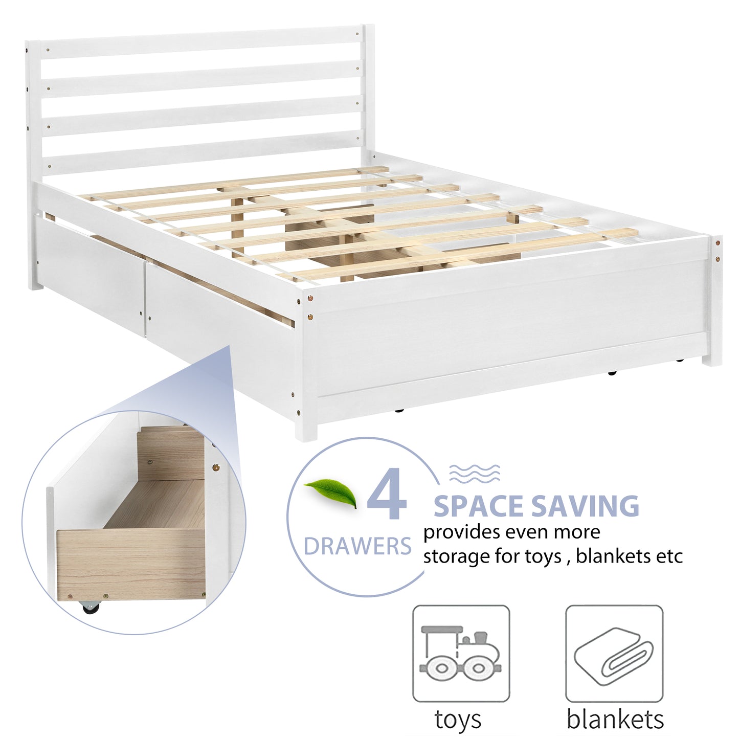 Full Size Platform Bed with 4 Storage Drawers, Wooden Bed Frame with Headboard and Center Support Feet(White)