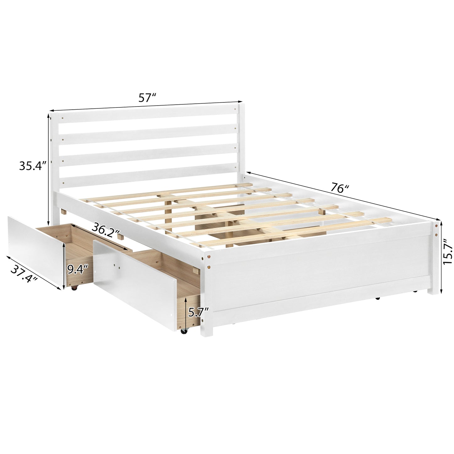 Full Size Platform Bed with 4 Storage Drawers, Wooden Bed Frame with Headboard and Center Support Feet(White)