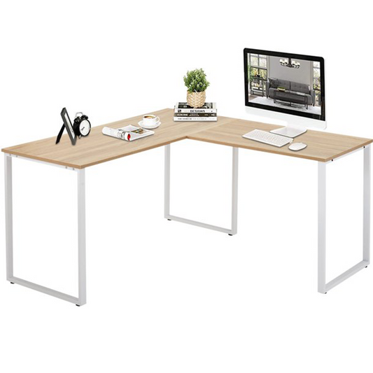 Large Computer L-Shaped Desk, White Writing L-Shaped Desk，Modern Study L-Shaped Desk with Metal Frame，Large 2 Person Table for Home Office Workstation