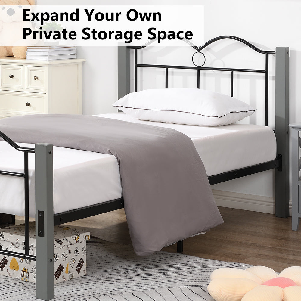 Twin Bed Frame, Metal Twin Size Platform Bed with Gray Wooden Feet, Underbed Storage Space, Bedroom Furniture