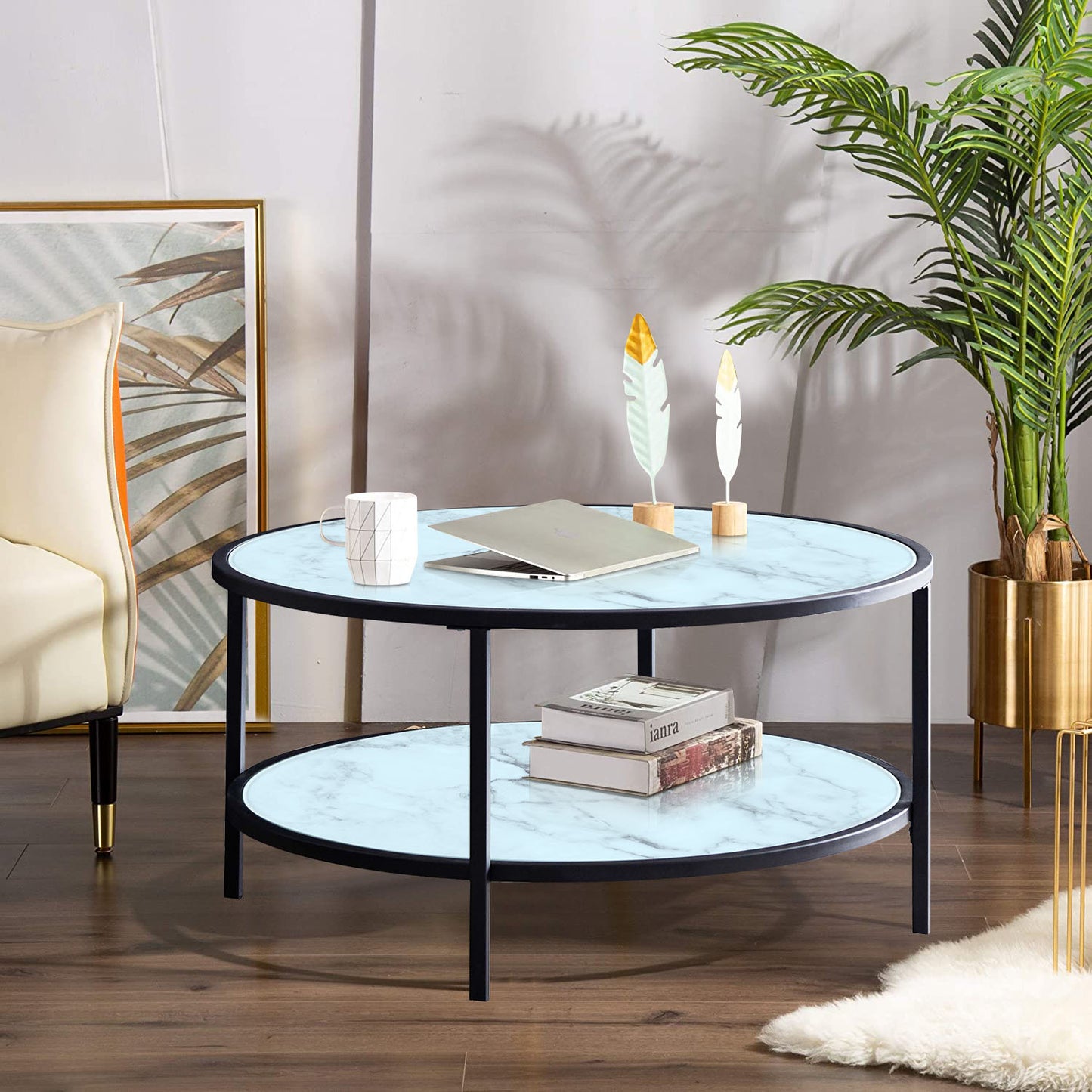Sesslife 35 inches Round Coffee Table, 2-Tier Glass Round Coffee Table with Surface Top & Sturdy Metal Legs, Faux Marble Round Accent Side Coffee Table with Storage Open Shelf