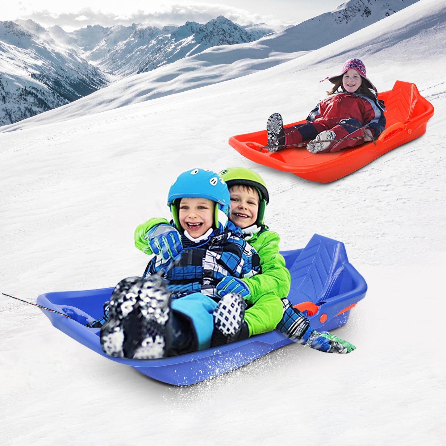 2 Pack Downhill Snow Sled for Kids, Plastic Frame Toboggan Snow Sled, Blue Sled Slider with 2 Handles