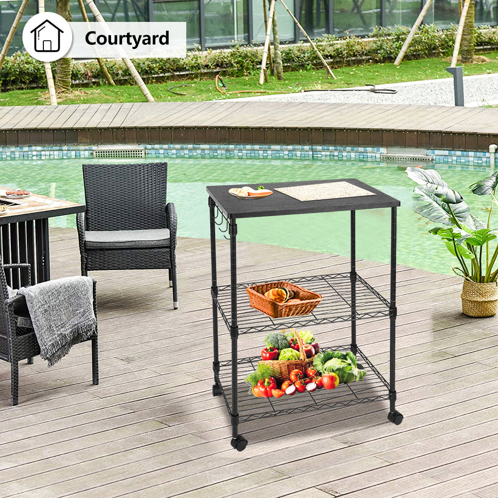 SESSLIFE 3 Tiers Kitchen Storage Cart, Kitchen Island with 4 Hooks, Black Oven Stand Coffee Bar with Metal Frame, Multifunctional Workstation for Kitchen, Living Room