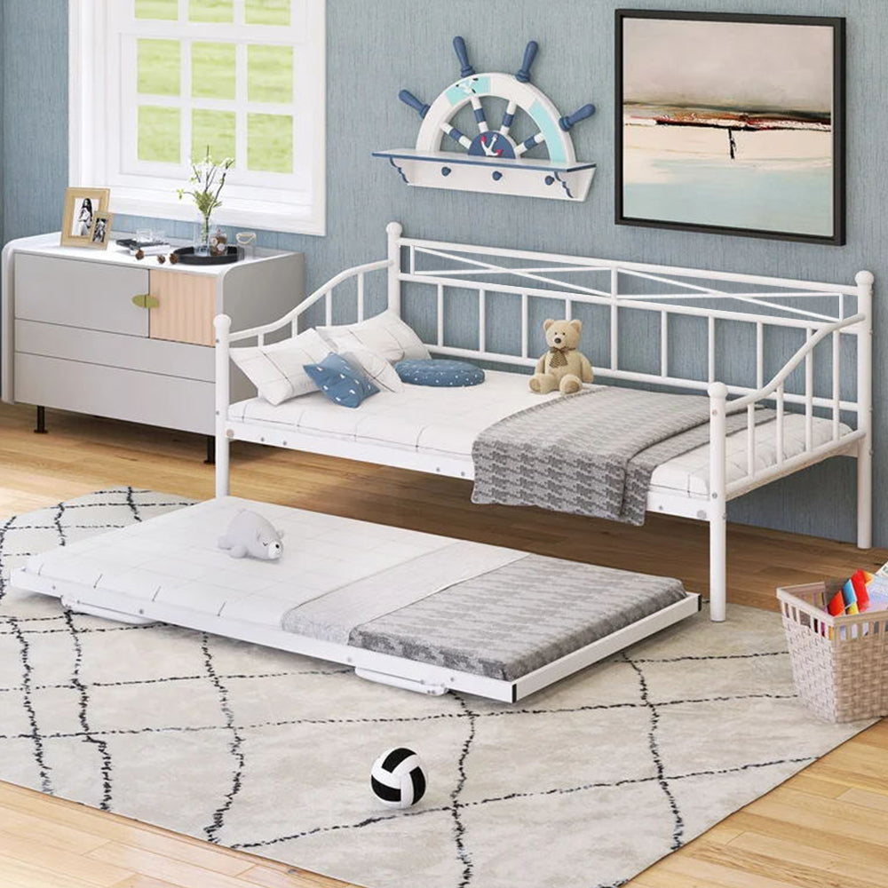 Sesslife Twin Size Daybed, Metal Sofa Bed with Adjustable Trundle, White