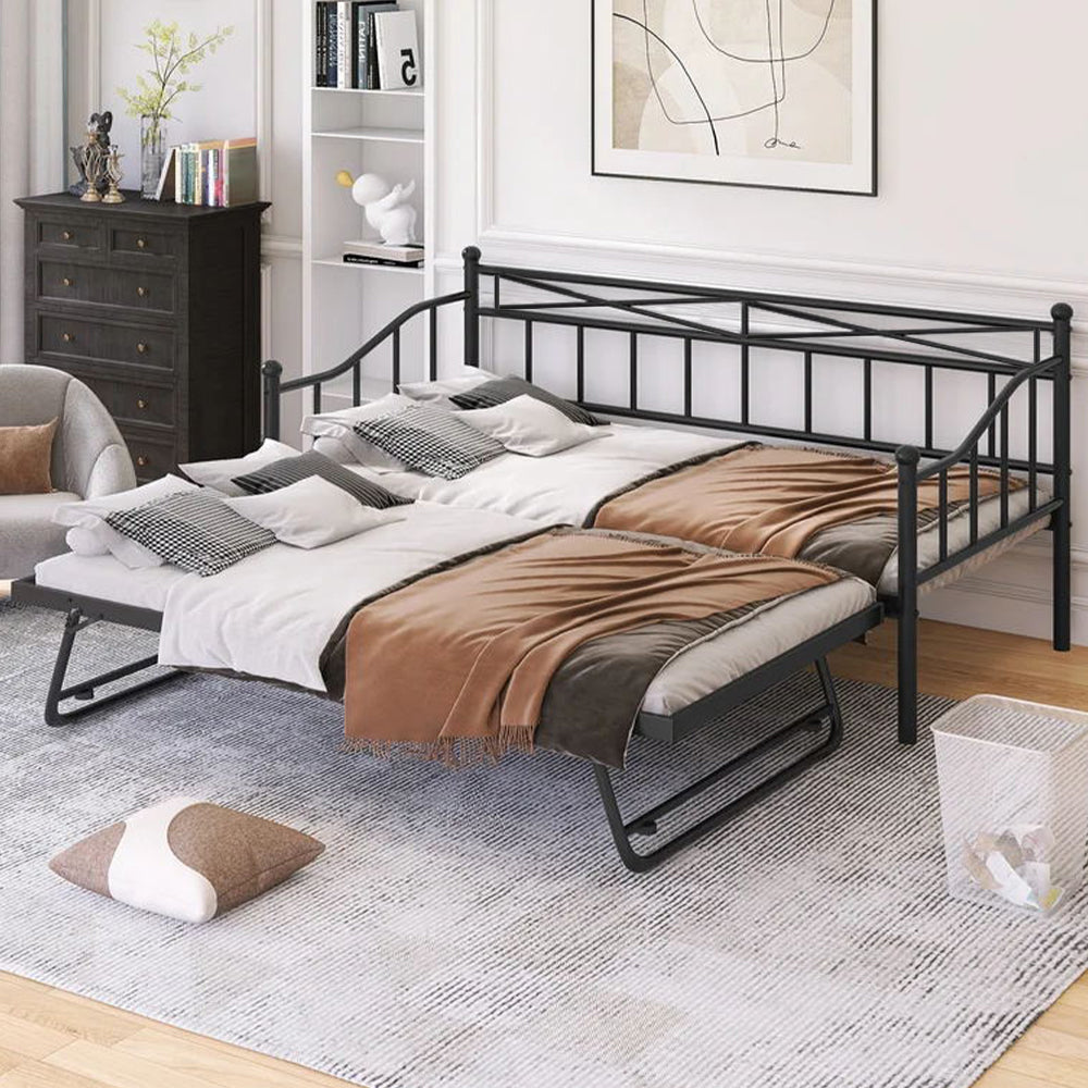 Sesslife Metal Daybed with Adjustable Trundle, Twin Size Daybed with Twin Size Pop Up Trundle Bed, Heavy-Duty Sofa Bed with Portable Folding Trundle Bed for Bedroom Living Room （Black)