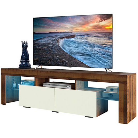 SESSLIFE TV Console Table for 70 Inch TV, Large Television Stand with RGB LED Lights, Farmhouse Wood Entertainment Center， TV Cabinet with 2 Drawers, TV Cabinet for Living Room, Bedroom