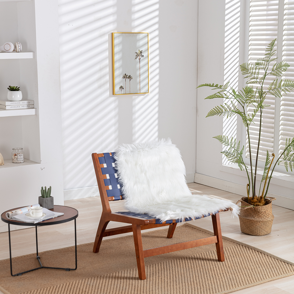 Sesslife Modern Faux Leather Accent Chair, Living Room Chair, Leisure Chair Reception Chair with Wood Frame and White Wool Carpet, Navy