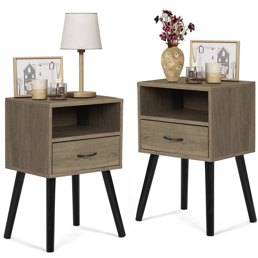 Sesslife Brown Night Stand Set of 2, Solid Wood Legs Furniture Bedside Table, Modern End Side Table with a Drawer and Shelf, Versatile Nightstand, Side Table for Home & Office