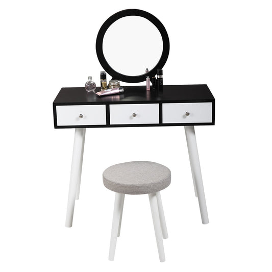 Vanity Table Set, SESSLIFE Makeup Vanity Set with 3 Drawers, Removable Round Mirror, Cushioned Vanity Stool, Makeup Desk Set for Bedroom, Girls Women Christmas Gift, Black & White, X409