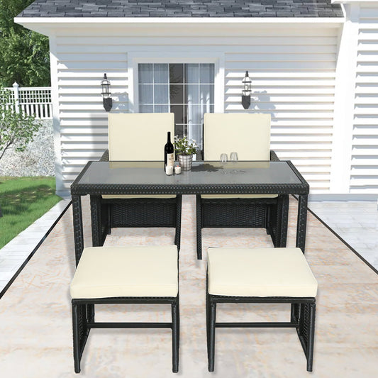 5 Piece Outdoor Furniture, Sesslife Wicker Patio Furniture Set with 2 Chairs, Glass Table, 2 Ottomans, Patio Dining Set for 4, Table and Chairs Conversation Sets for Garden Lawn, Black, X3164