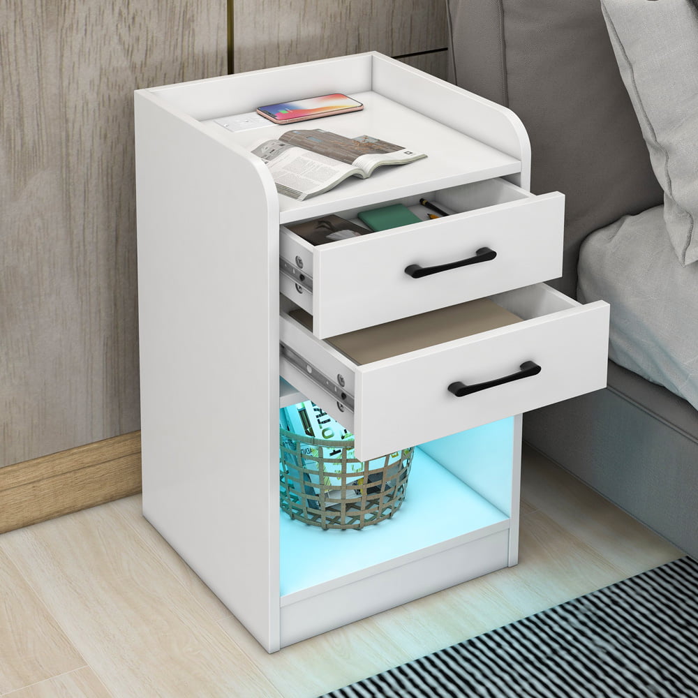 Sesslife White Nightstand for Bedroom with 2 Drawers and Shelf, Modern Bedside Table with USB Charging Ports and Outlets, Wireless Charging, LED Light, Multifunctional Wood Side Table