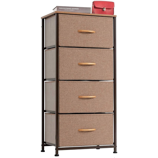 Sesslife Storage Chest of Drawers, Tall Dresser with 4 Drawers, Steel Frame, Fabric Dresser for Bedroom / Living Room / Hallway, Inndustrial Style Dawers Organizer, Camel