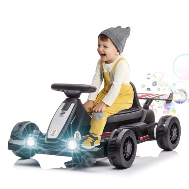 Powered Go Kart for Boy Girl with Bubble Function, Sesslife 6V Electric Pedal Go Kart with LED Light, Horn, Ride on Toys for Outdoor Indoor, Go Kart for Ages 2 Years and Older, Black