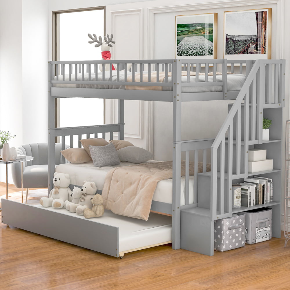 SESSLIFE Twin over Twin Bunk Bed with Trundle, Wood Bunk Bed with Stairs and Storage Shelves, Solid Wood Twin over Twin Bunk Bed for Kids Teens Bedroom, Gray Kids Bunk Beds No Box Spring Needed, X2350