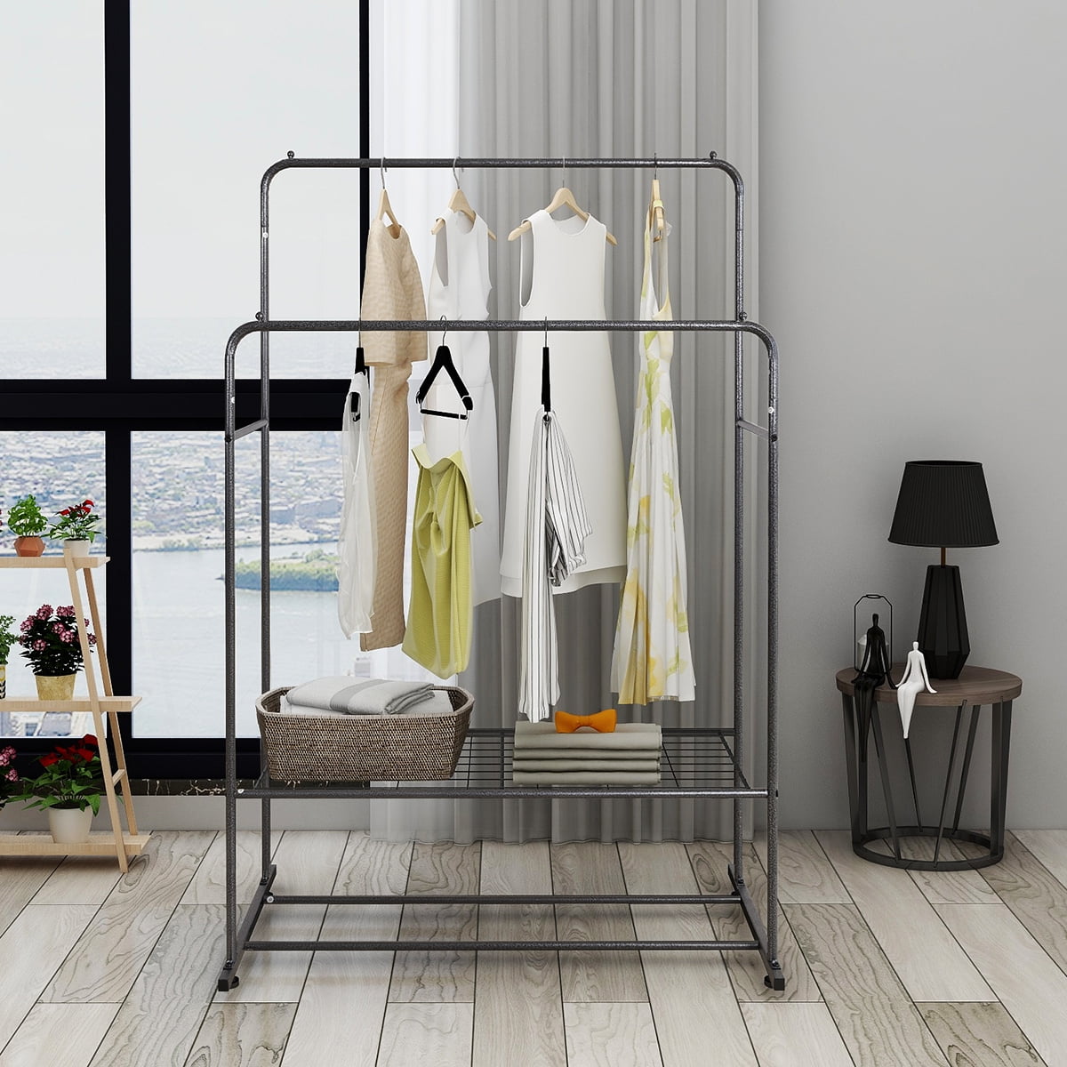 Clothing Racks or Hanging Racks, SESSLIFE Metal Hanging Clothes Rack with Shelves and Double Rod, Freestanding Garment Rack for Bedroom, Silver, X1099