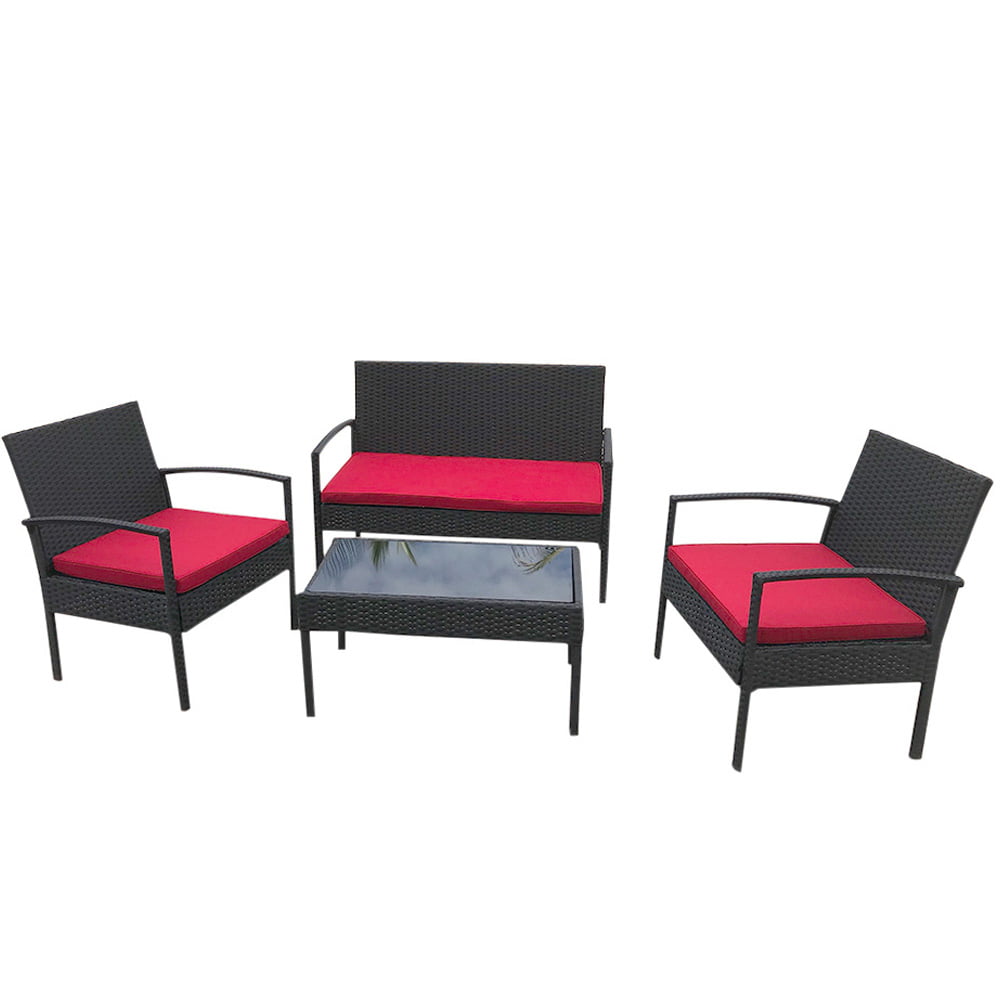 4 PCS Patio Furniture Set, Sesslife Wicker Outdoor Furniture Set with 2 Chairs, Loveseat, Tempered Glass Table, Patio Sectional Sofa Set for Yard Garden, 4-Person Cushioned Conversation Set, Black