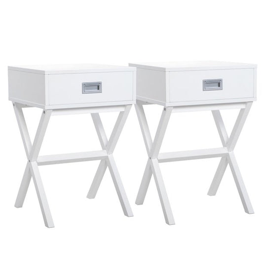 White Nightstand Set of 2, Sesslife X-Shaped Sofa Side Table, Modern Wooden End Table with Drawer, Bedside Tables for Bedroom Living Room, White, X3321