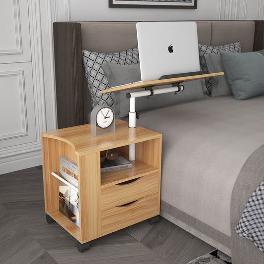 SESSLIFE Nightstand with Wheel and Lift, White Maple Bedside Table with Height Adjustable & Swivel Tilt Top, Wooden End Table with 2 Drawer & Shelf, Side Table for Bedroom Living Room Office, X1588