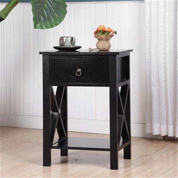 Wood Nightstand, Sesslife Modern Bedside Table with Drawer and Shelf, Black Night Stands for Bedroom, End Tables for Living Room, 2 Tiers Sofa Tables for Home