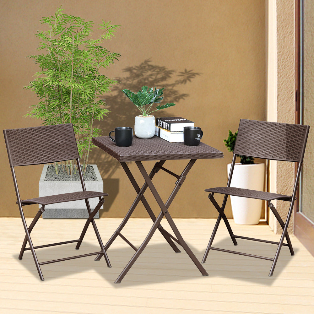 SESSLIFE 3 Piece Folding Bistro Set, Small Patio Furniture Set, Bistro Table and Chair Rattan Dining Set w/Steel Frame for 2-Person, All-weather Outdoor Bistro Set for Patio Pool Balcony, Brown, X1311