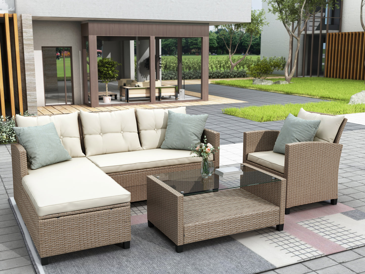 4 Pieces Patio Conversation Sets, All Weather Wicker Sofa Outdoor Furniture Set with Lounge Sofa and Glass Table, Modern Outside Lawn Deck Furniture Set, Beige Brown