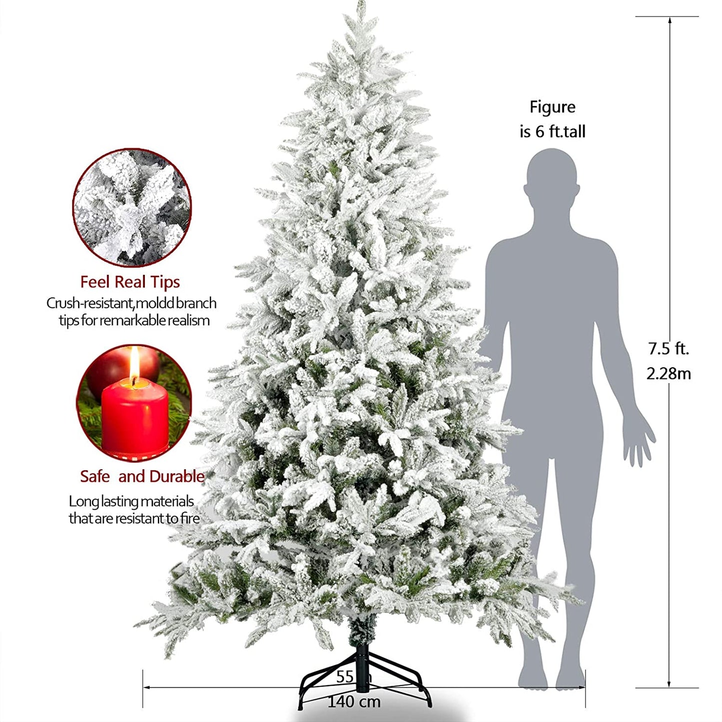 7.5ft Artificial Christmas Tree with 1100 Snow Dusted Tips, Fake Snow Christmas Tree, DT3