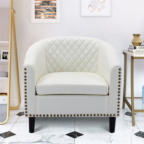SESSLIFE Classic White Leather Upholstered Accent Arm Chair Soft Barrel Club Chairs for Living Room Comfy Single Sofa Office Guest Chatting Chair with Solid Wood Legs and Nailhead for Bedroom