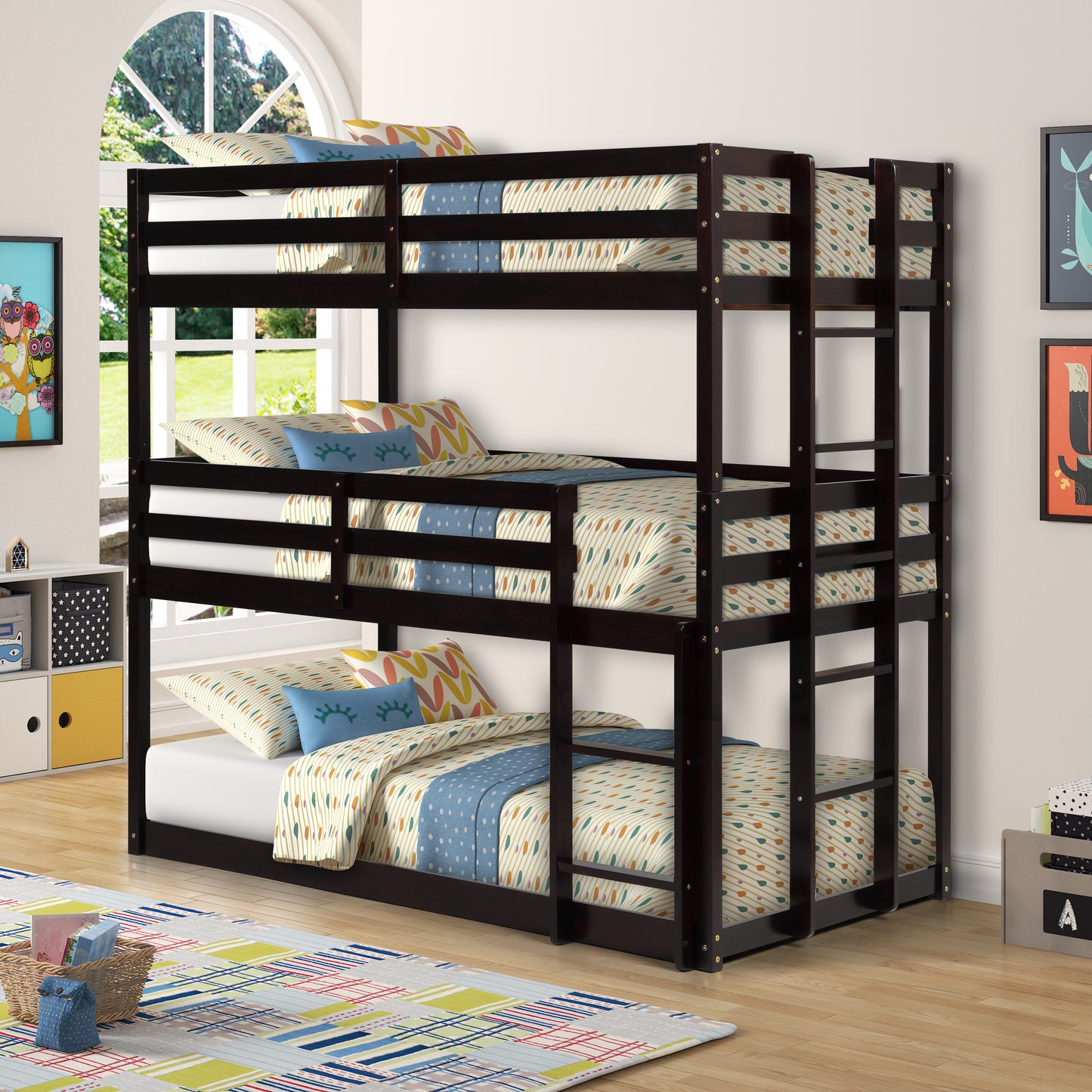 Wood Triple Bunk Bed Frame for Kids, 3 Twin Bed Triple Floor Bunk Bed, Wood Detachable 3 Bed Frame, No Spring Box Needed, Easy Assembly