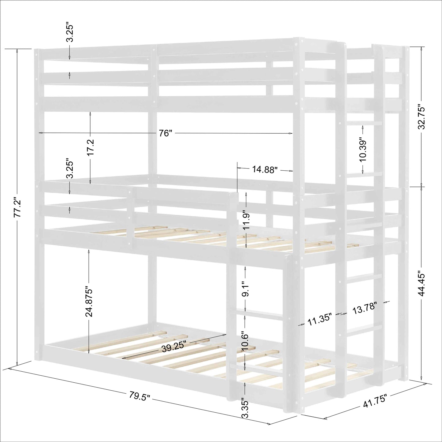 Wood Triple Bunk Bed Frame for Kids, 3 Twin Bed Triple Floor Bunk Bed, Wood Detachable 3 Bed Frame, No Spring Box Needed, Easy Assembly