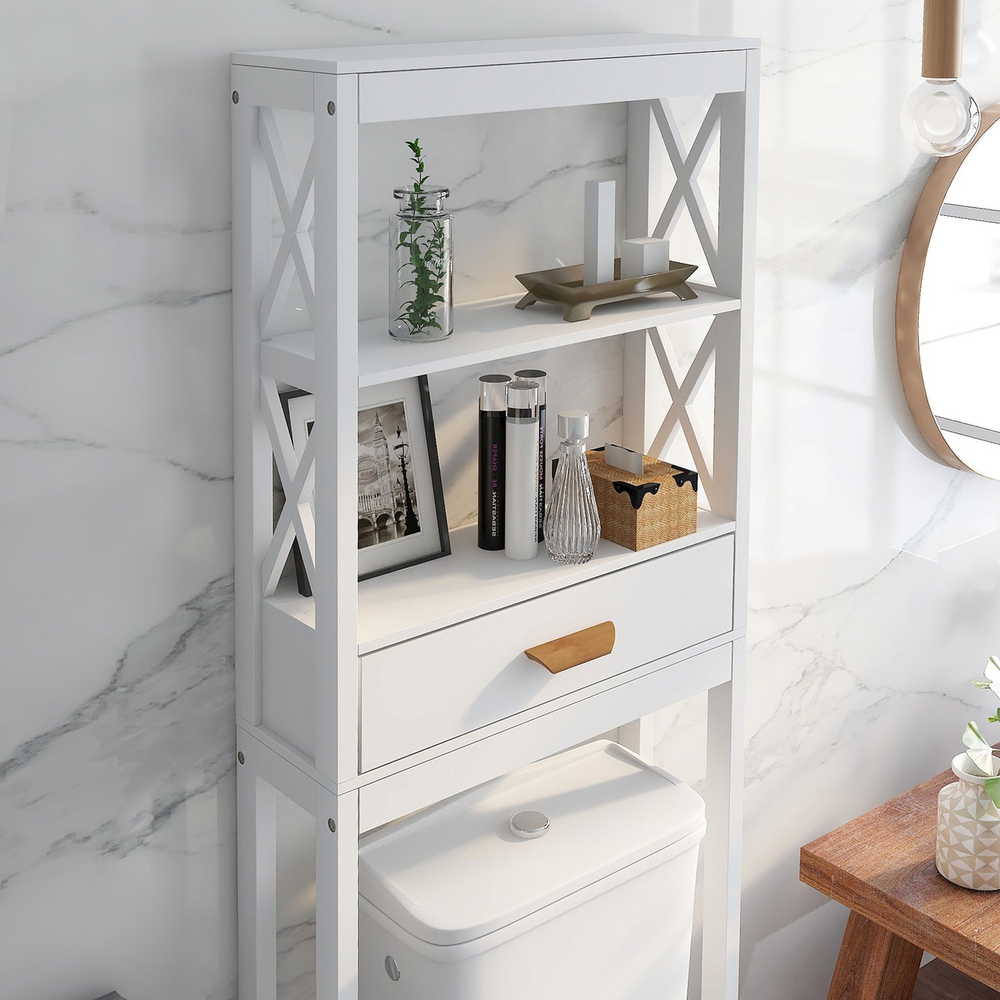Sesslife Over the Toilet Bathroom Storage Cabinet, Freestanding Wooden Bathroom Organizer w/ Shelves, Space Saver Cabinet Storage