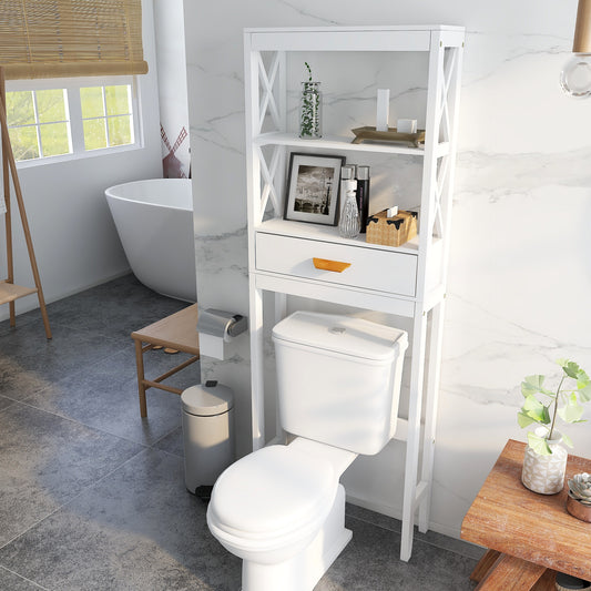SESSLIFE Bathroom Storage Toilet Space Saver with a Drawer and 2 Shelves, Modern Over The Toilet Space Saver Organization, Wood Storage Cabinet for Home, Bathroom, White