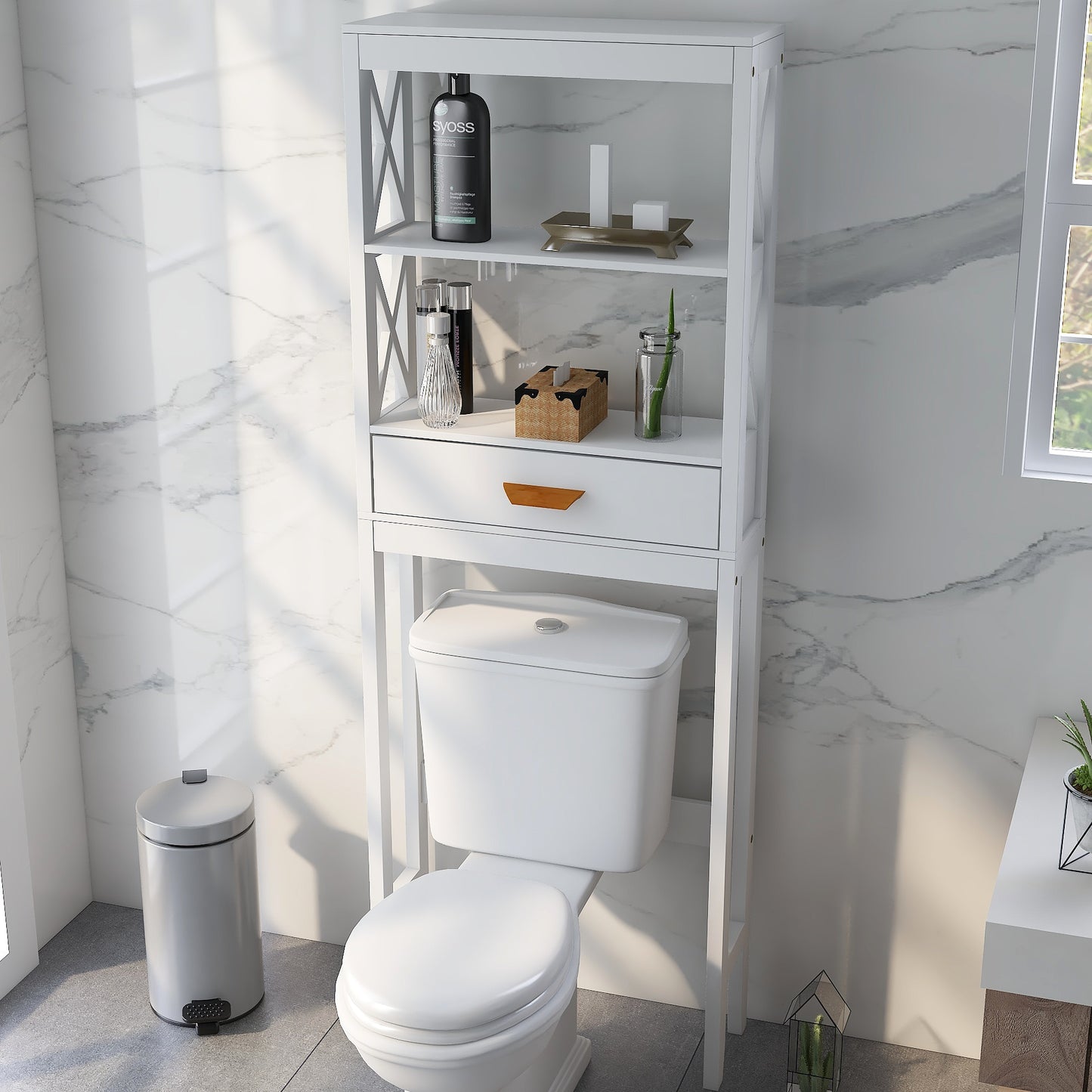 SESSLIFE Bathroom Storage Toilet Space Saver with a Drawer and 2 Shelves, Modern Over The Toilet Space Saver Organization, Wood Storage Cabinet for Home, Bathroom, White