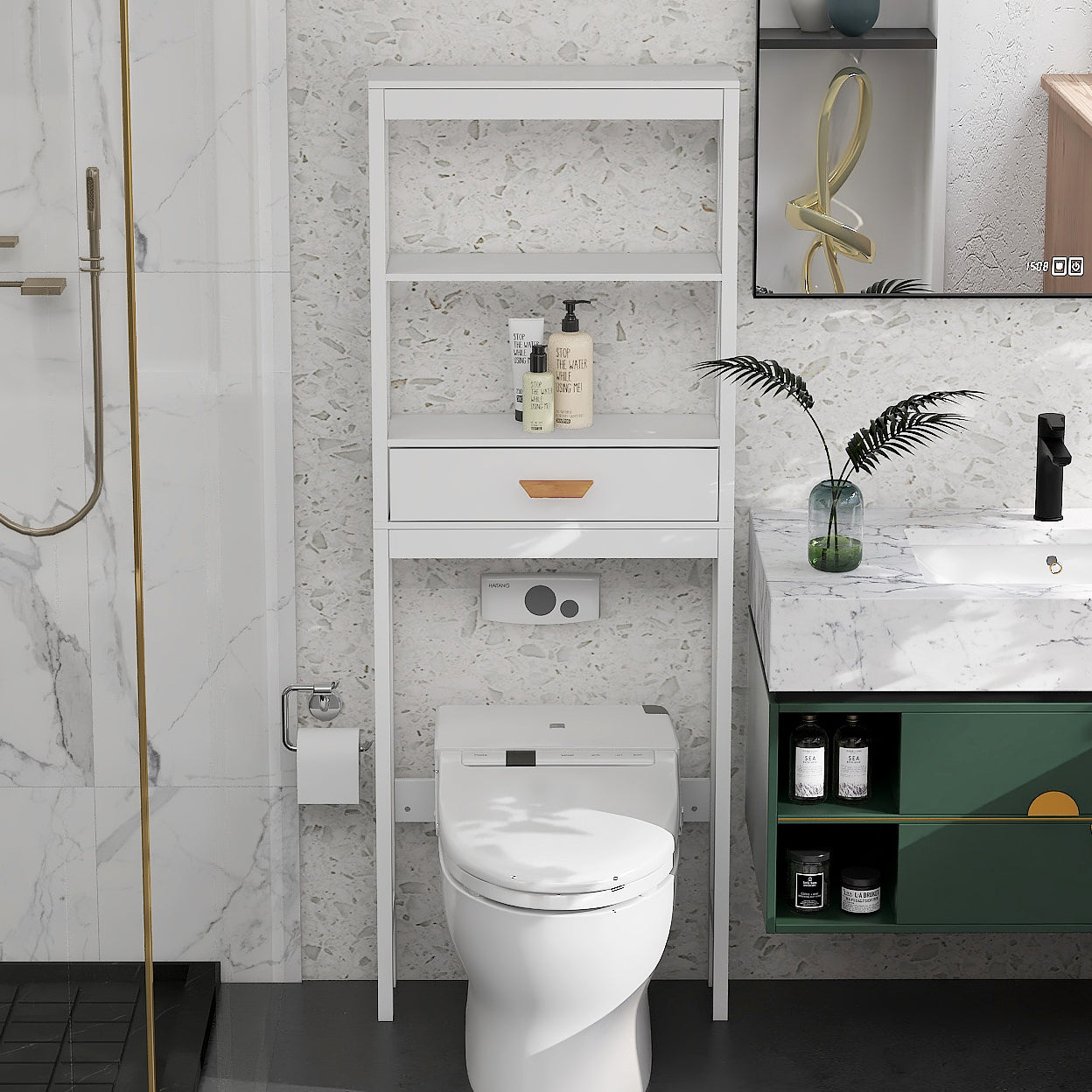 SESSLIFE Bathroom Storage Toilet Space Saver with a Drawer and 2 Shelves, Modern Over The Toilet Space Saver Organization, Wood Storage Cabinet for Home, Bathroom, White