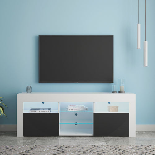 Sesslife LED TV Stand for 65 inch TV, Television Table Center Media Console with Cabinets and Led Lights, High Glossy Modern Entertainment Center for Living Game Room Bedroom (Black)