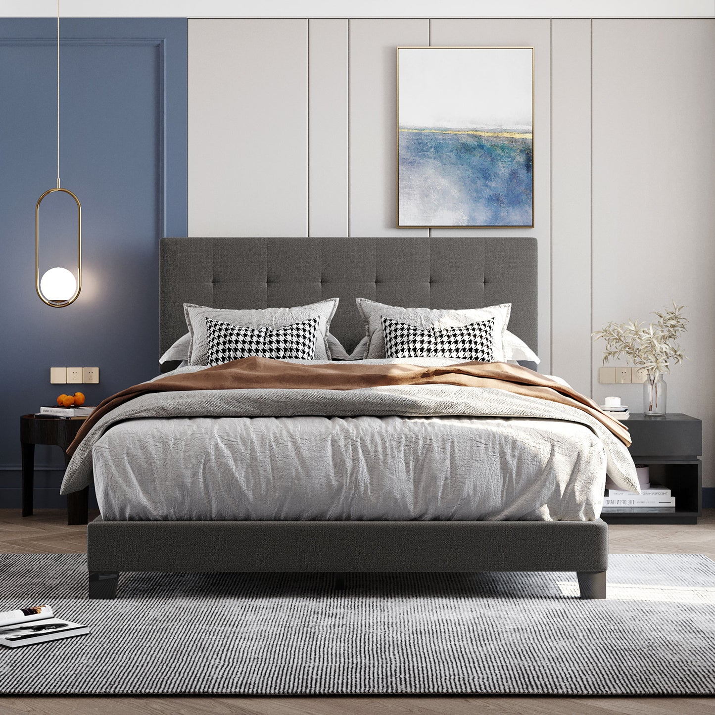 Sesslife Queen Bed Frame with Soft Upholstered Headboard, Platform Bed Frame with Wood Salt Support, Bedroom Furniture, Adults Kids Modern Bed Frame, No Box Spring Needed, Easy Assembly
