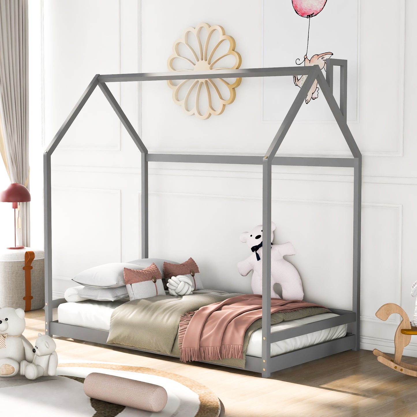 SESSLIFE House Bed Twin, Solid Wood House Bed for Kids, Box Spring Needed (Gray)