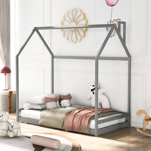 SESSLIFE House Bed Twin, Solid Wood House Bed for Kids, Box Spring Needed (Gray)